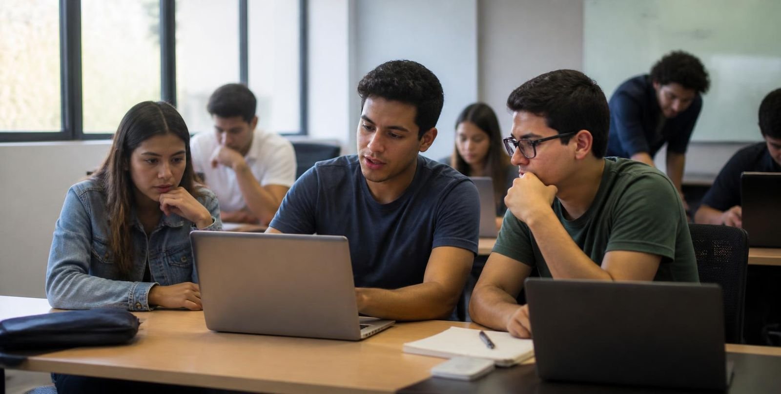 Estudiantes universitarios programando en sus portátiles en un salón de clase