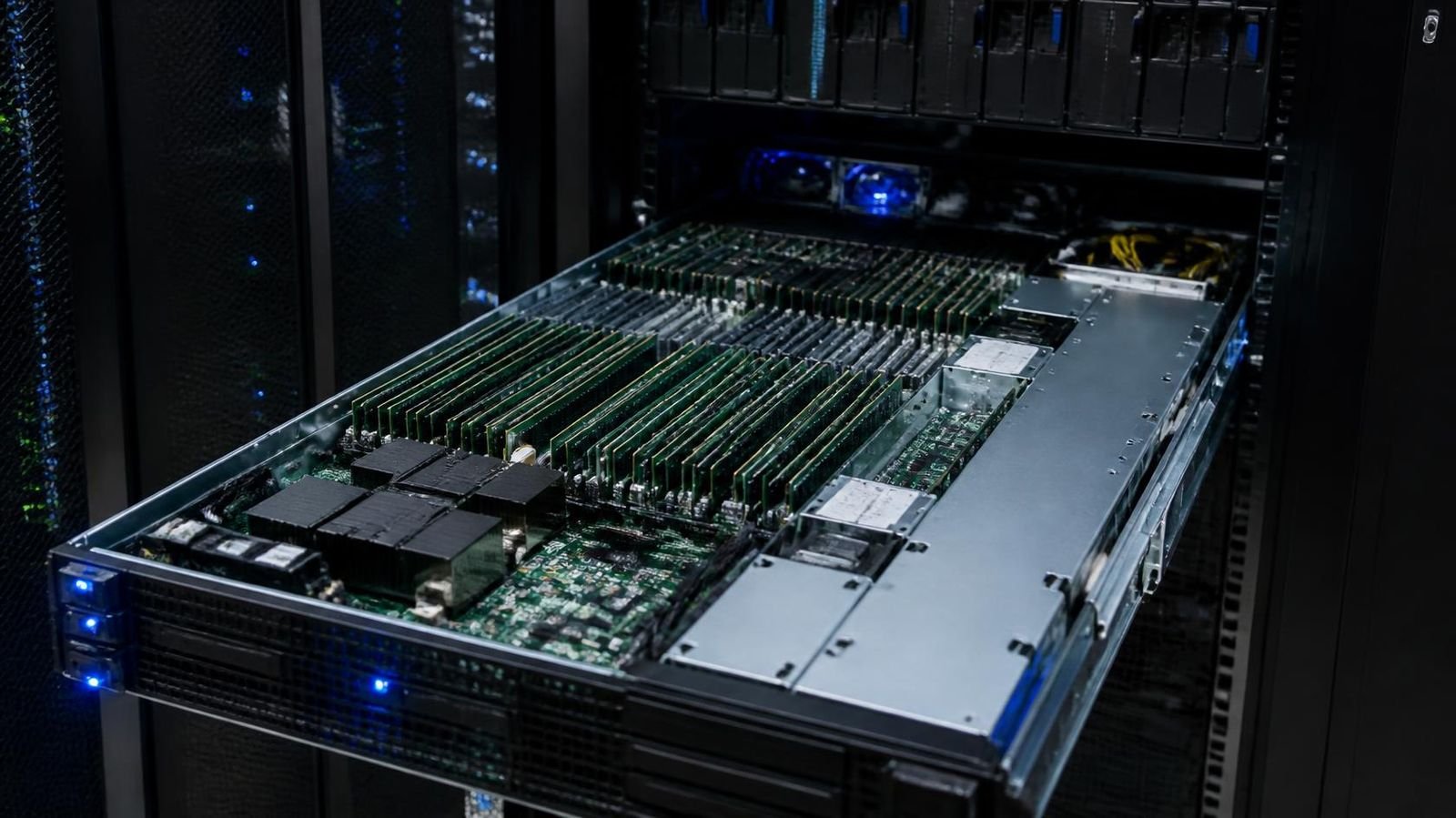 Servidor abierto en un rack con muchas filas de módulos de memoria